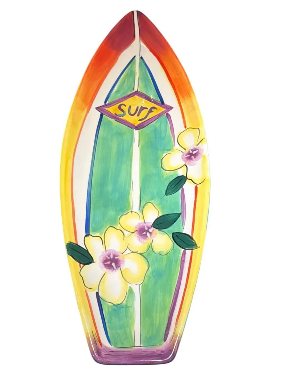 Clay Art Surfs Up Hand-Painted Surfboard Platter StoneLite Ceramic 19